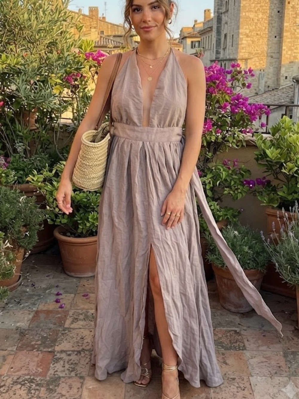 Angel Biba Dusty Rose Taupe Halter Convertible Maxi Dress Romantic Boho Flowy 8
